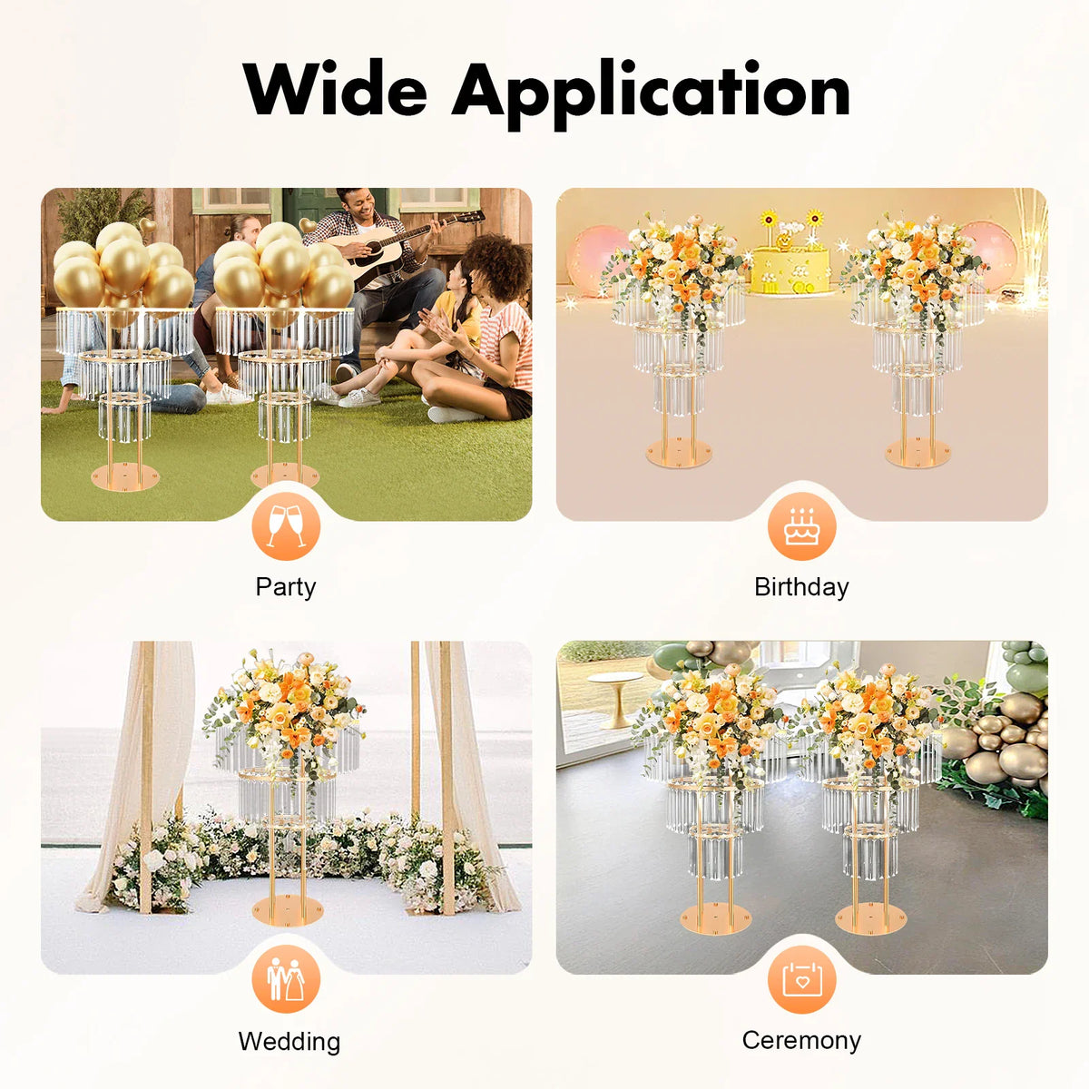 Collage showing various uses for a three-tier gold metal flower stand at weddings and events.
