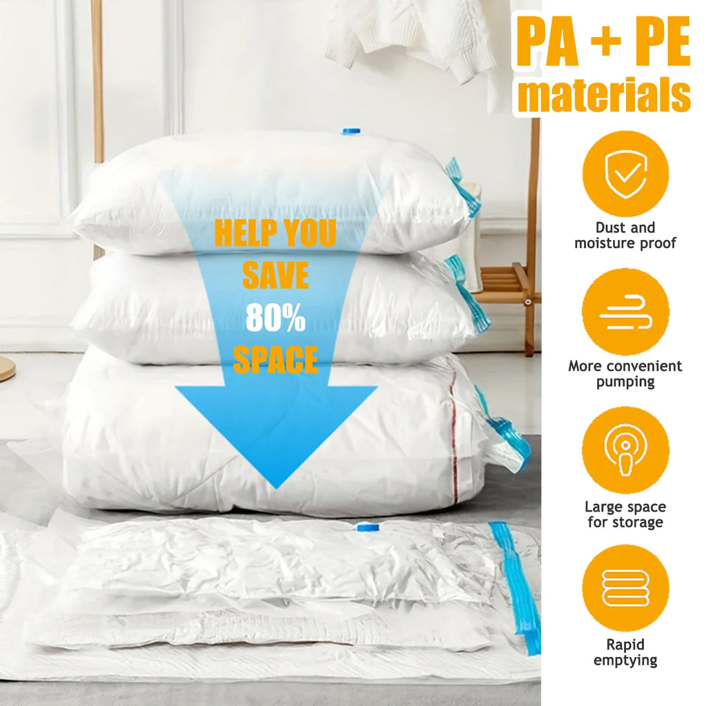A stack of pillows in vacuum bags with text describing space-saving benefits and material details.