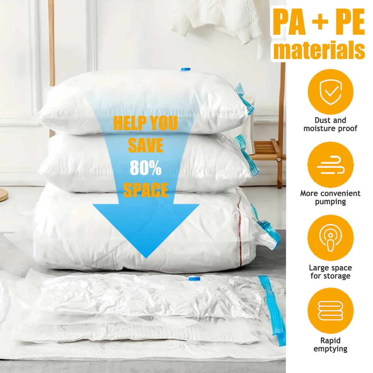 A stack of pillows in vacuum bags with text describing space-saving benefits and material details.
