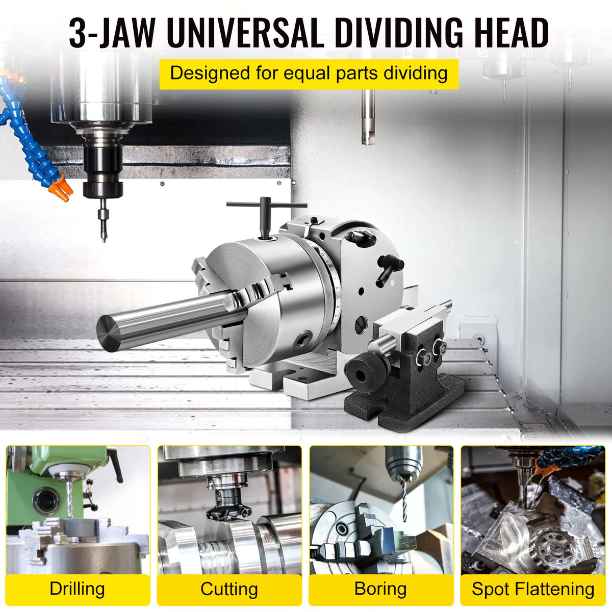 3-jaw universal dividing head showing various milling machine applications