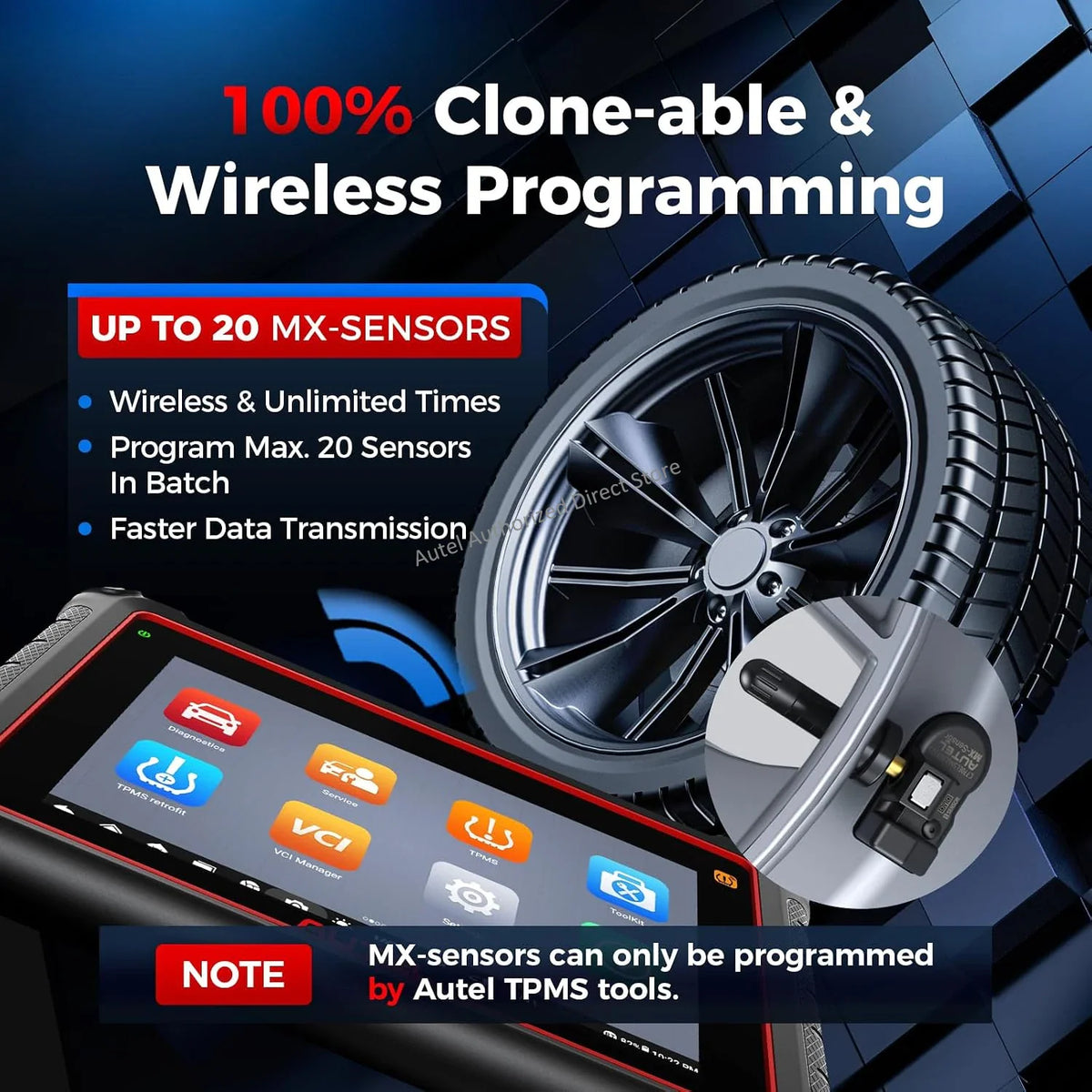 Tire pressure monitoring sensor shown with tire wheel graphic and wireless programming feature highlights