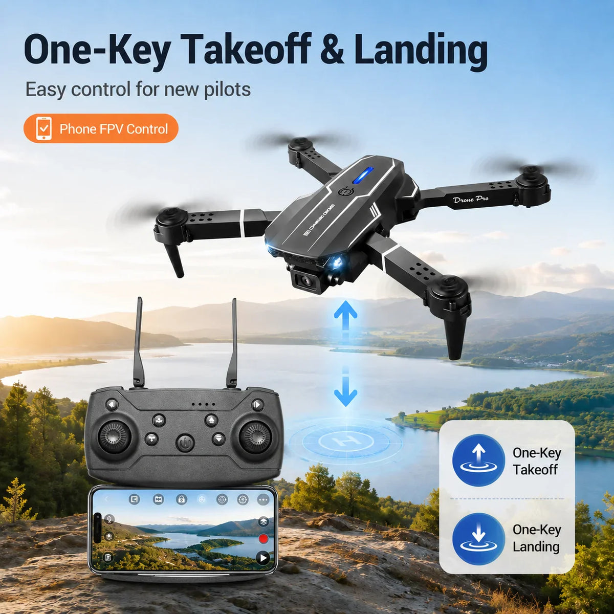 Black foldable camera drone with remote controller and phone display over a lake landscape.