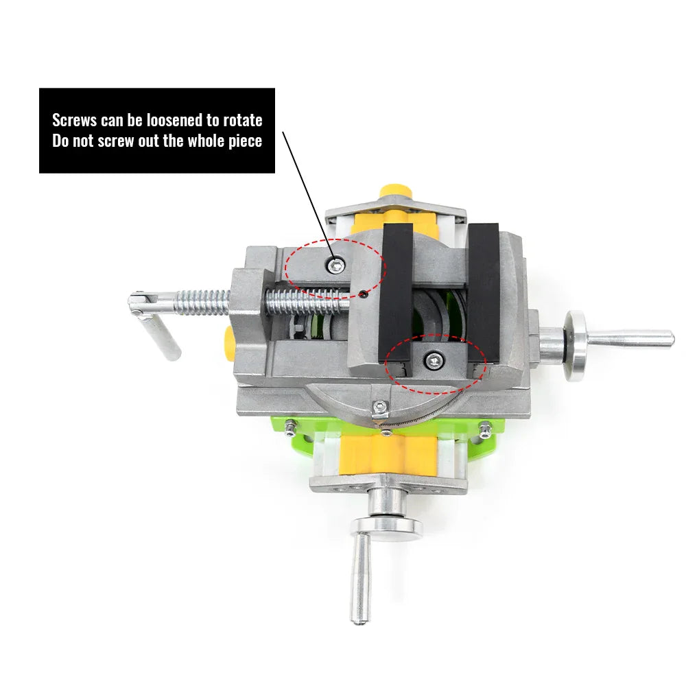 Milling vise close up showing screw adjustment and rotation instructions
