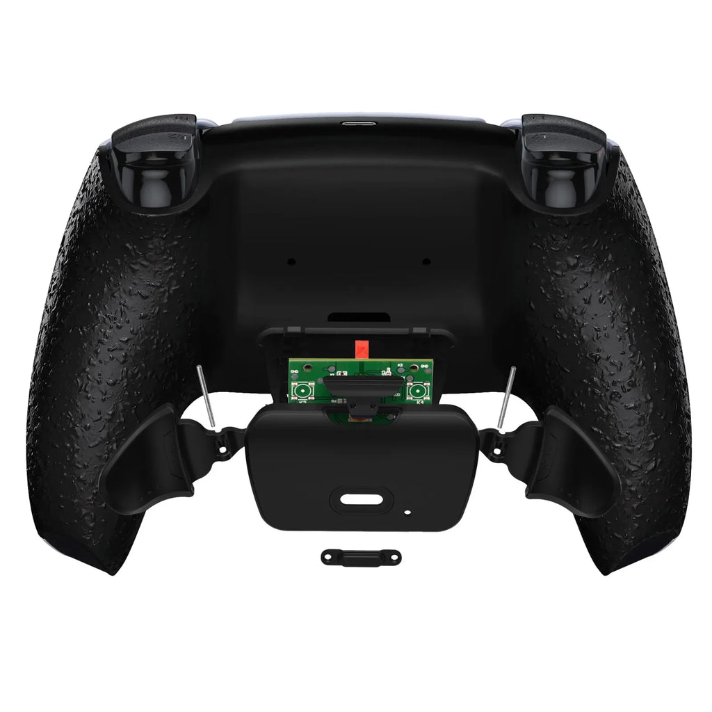 Rear view of a black textured game controller with the back shell partially disassembled to show internal circuit boards