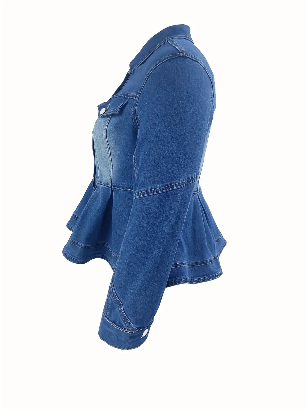 Side view of a blue peplum denim jacket with long sleeves and a buttoned cuff.
