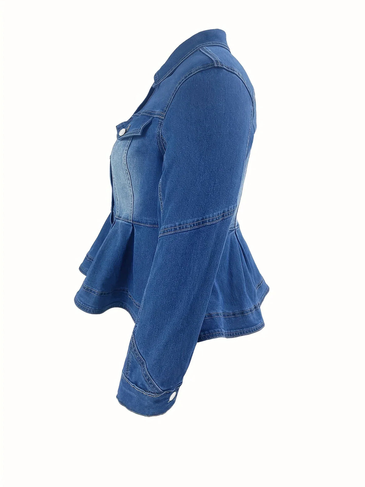 Side view of a blue peplum denim jacket with long sleeves and a buttoned cuff.