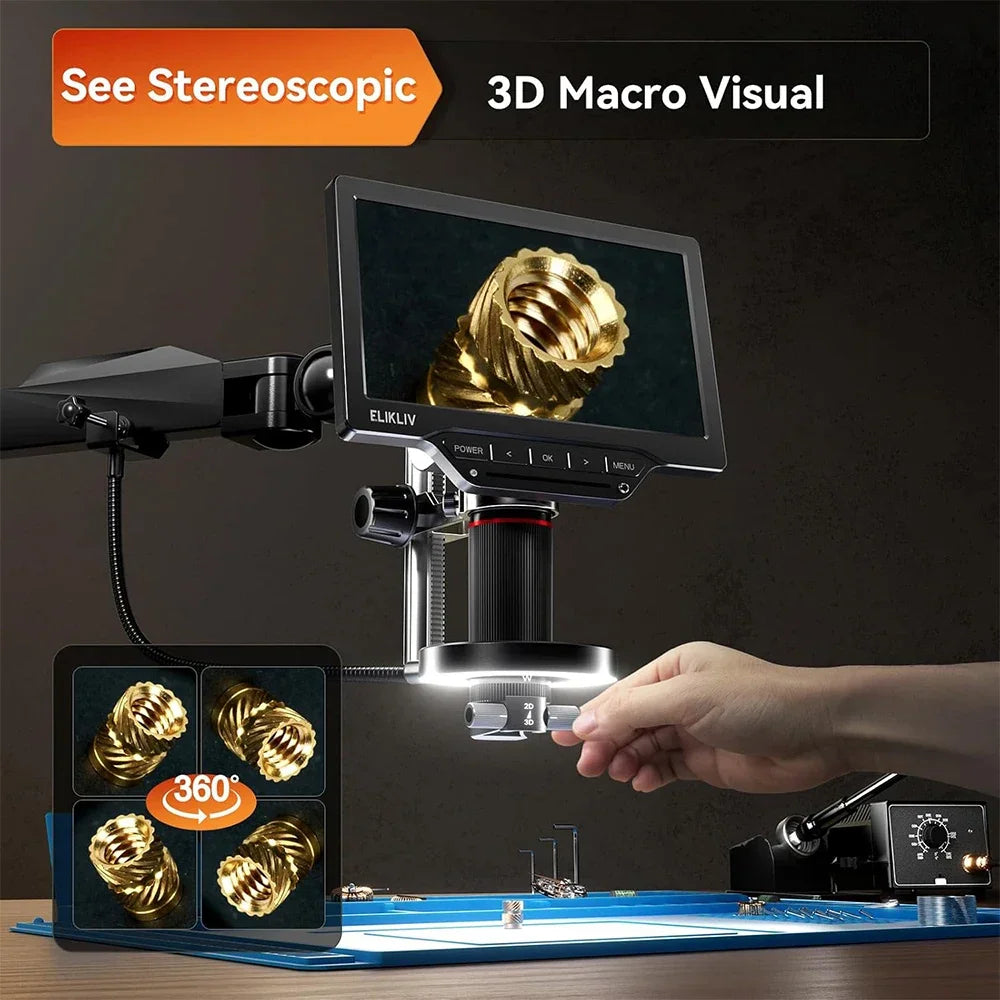 Digital microscope with dual lens system for 3D macro viewing, shown in use on a soldering mat.