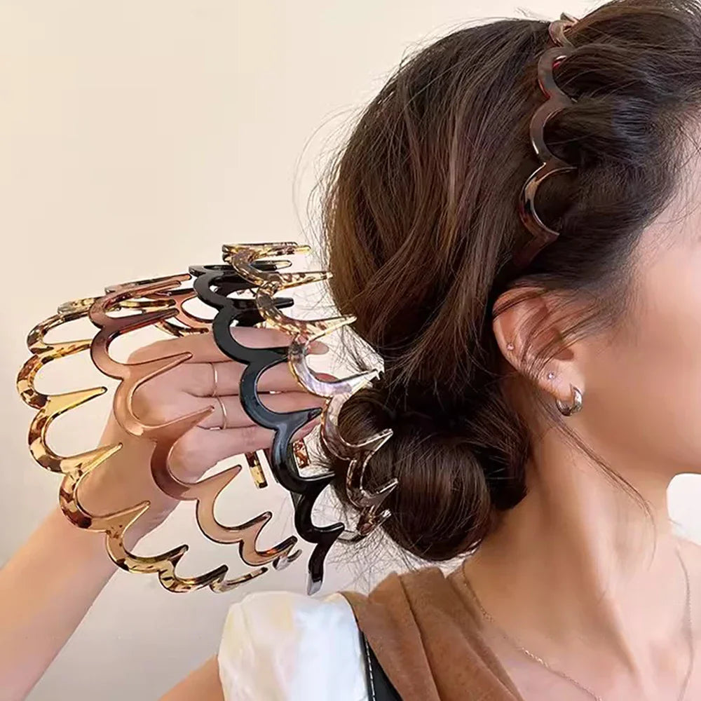 A woman demonstrating the use of a scalloped plastic headband in various colors.