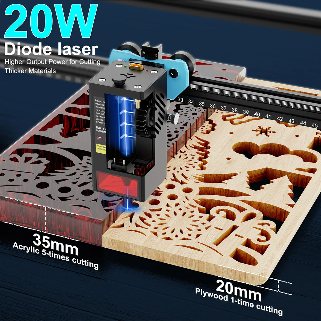 Close-up of a 20W diode laser module cutting through wood and acrylic material