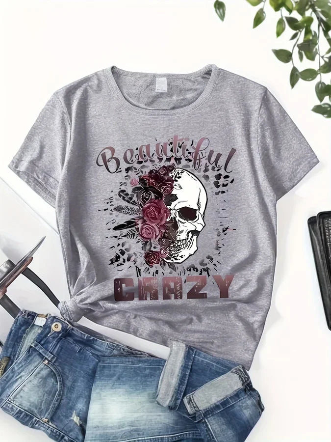 Grey short sleeve t-shirt with floral skull graphic and text