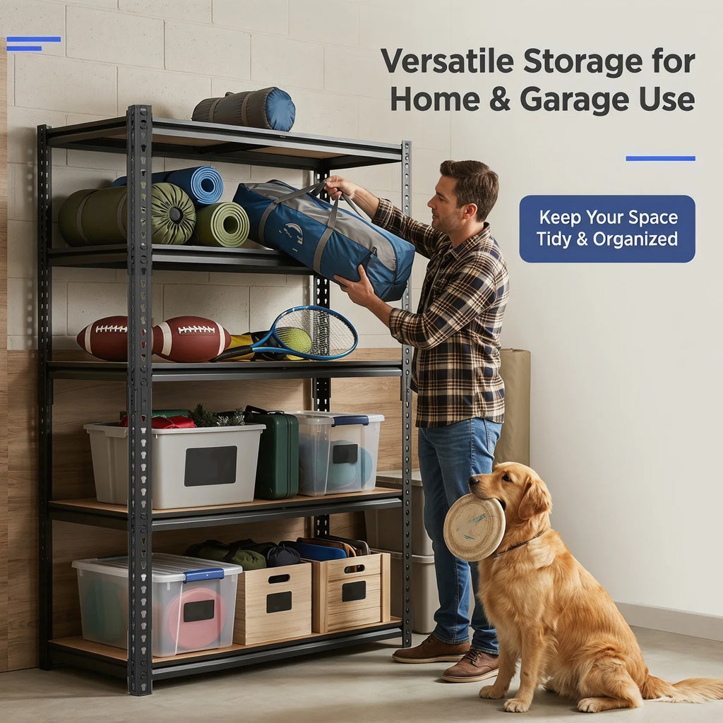 Man using a five-tier storage shelf to organize home and garage items with his dog