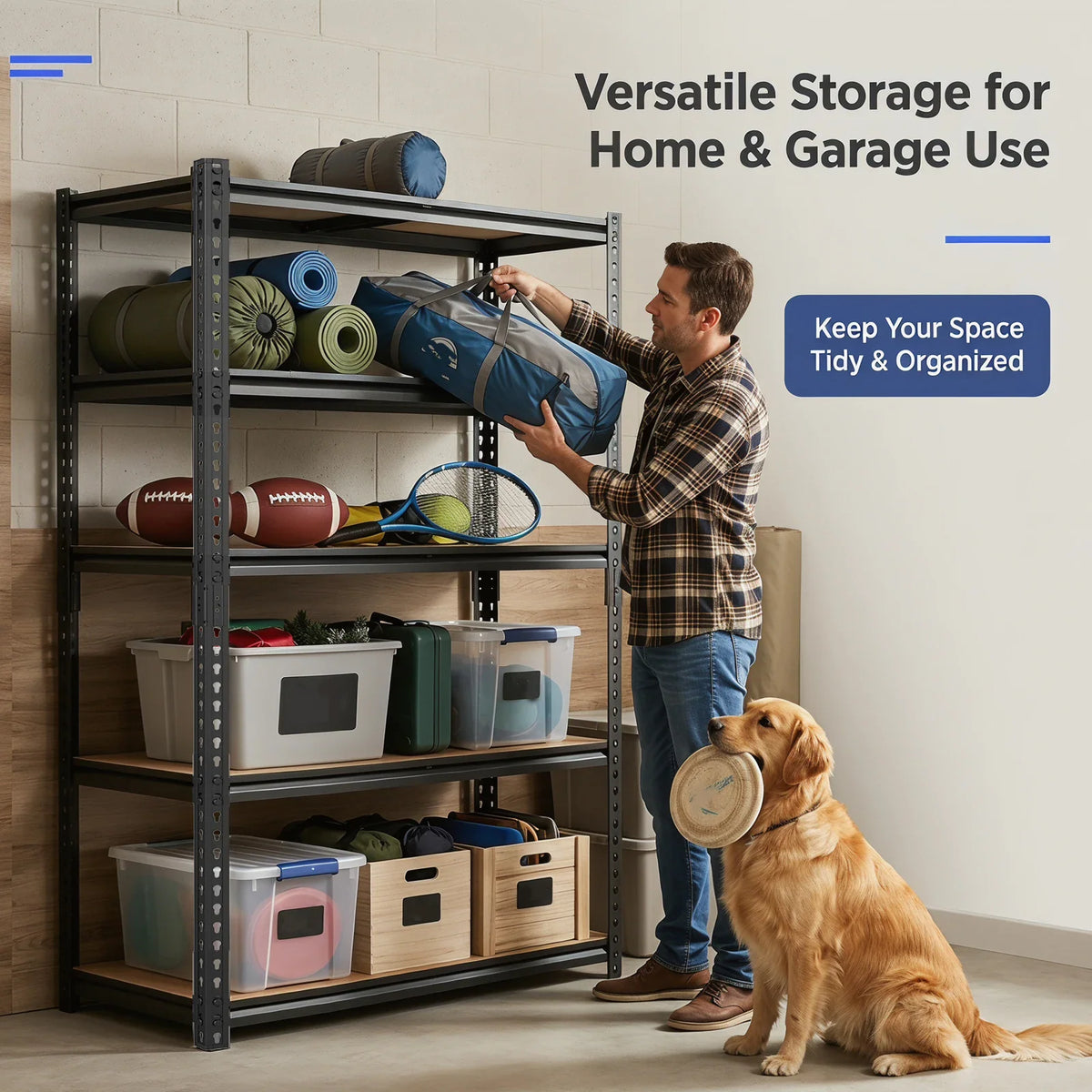 Man using a five-tier storage shelf to organize home and garage items with his dog