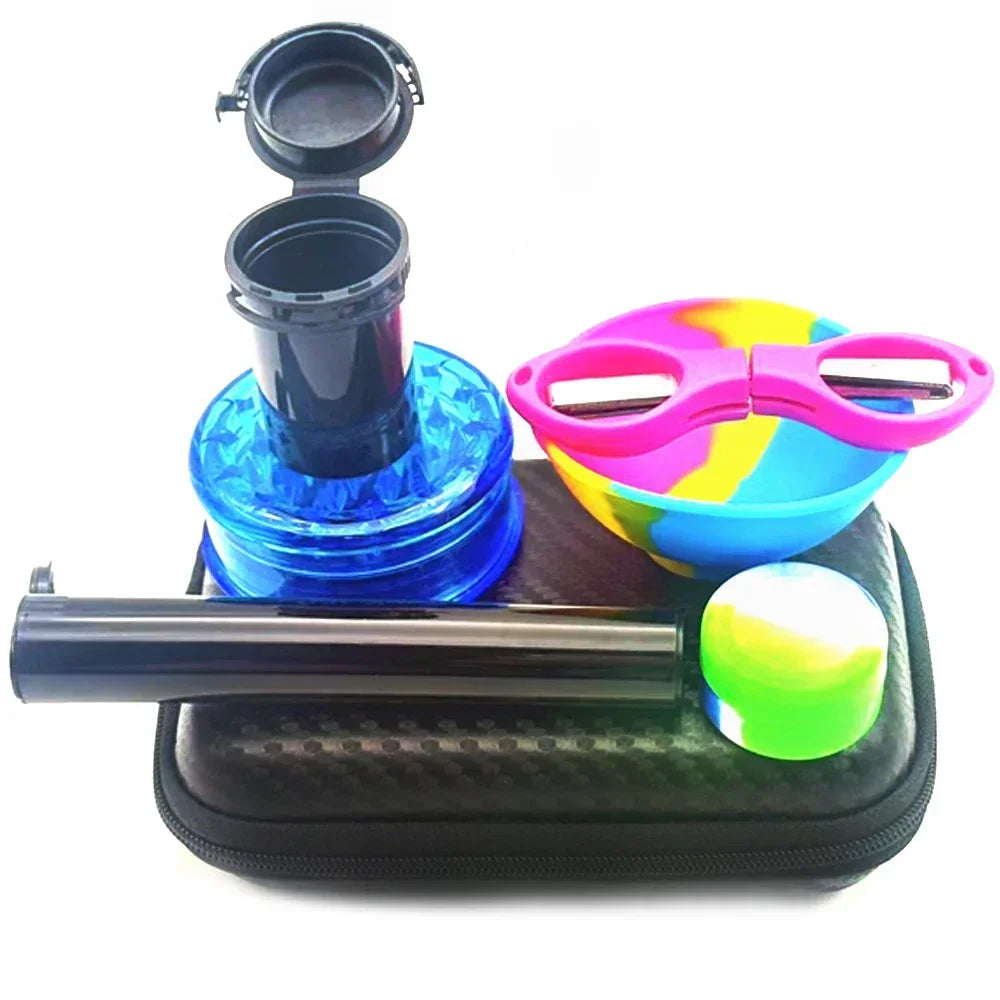 A black zippered carrying case arranged with a blue plastic grinder, pink scissors, a black tube container, and a