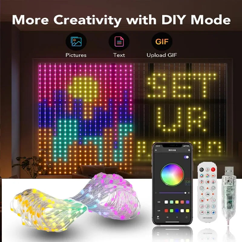 LED curtain lights displaying colorful patterns and DIY text effects, controlled by a smartphone app and remote