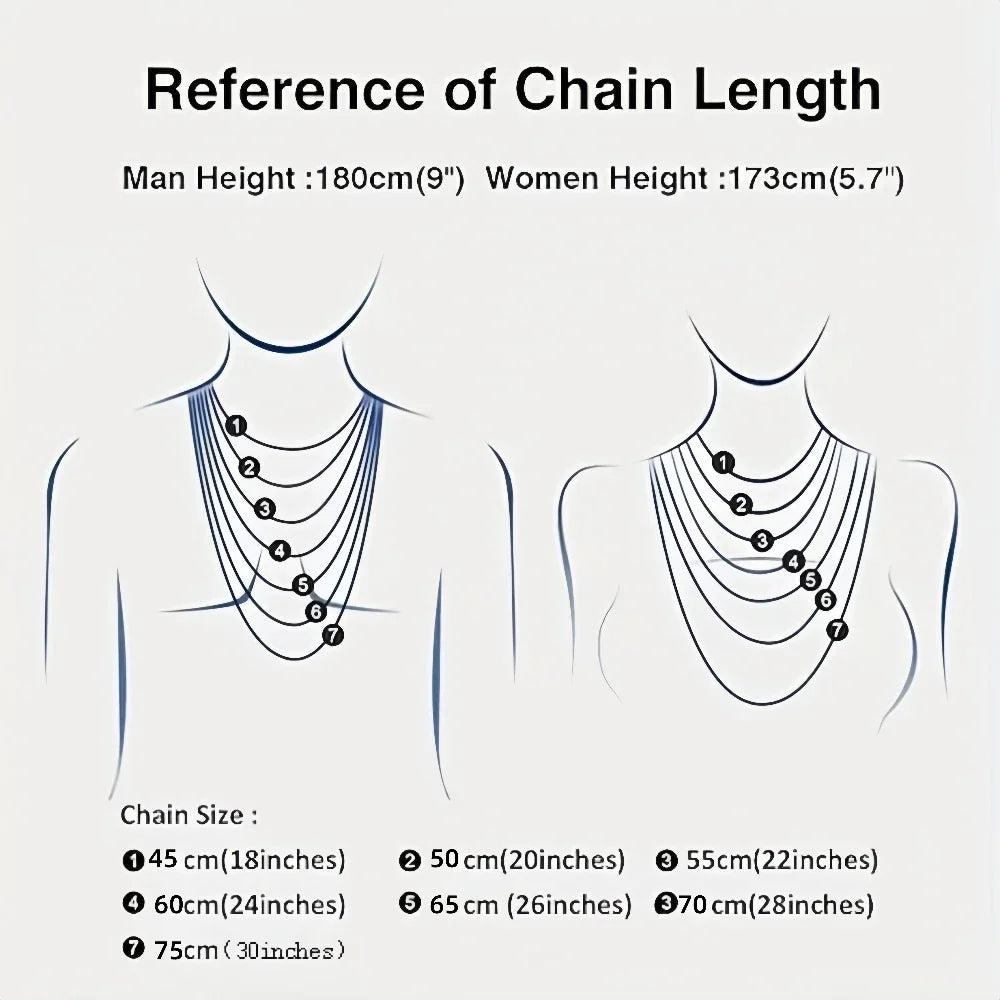 Size reference guide for cuban link chain lengths on male and female silhouettes