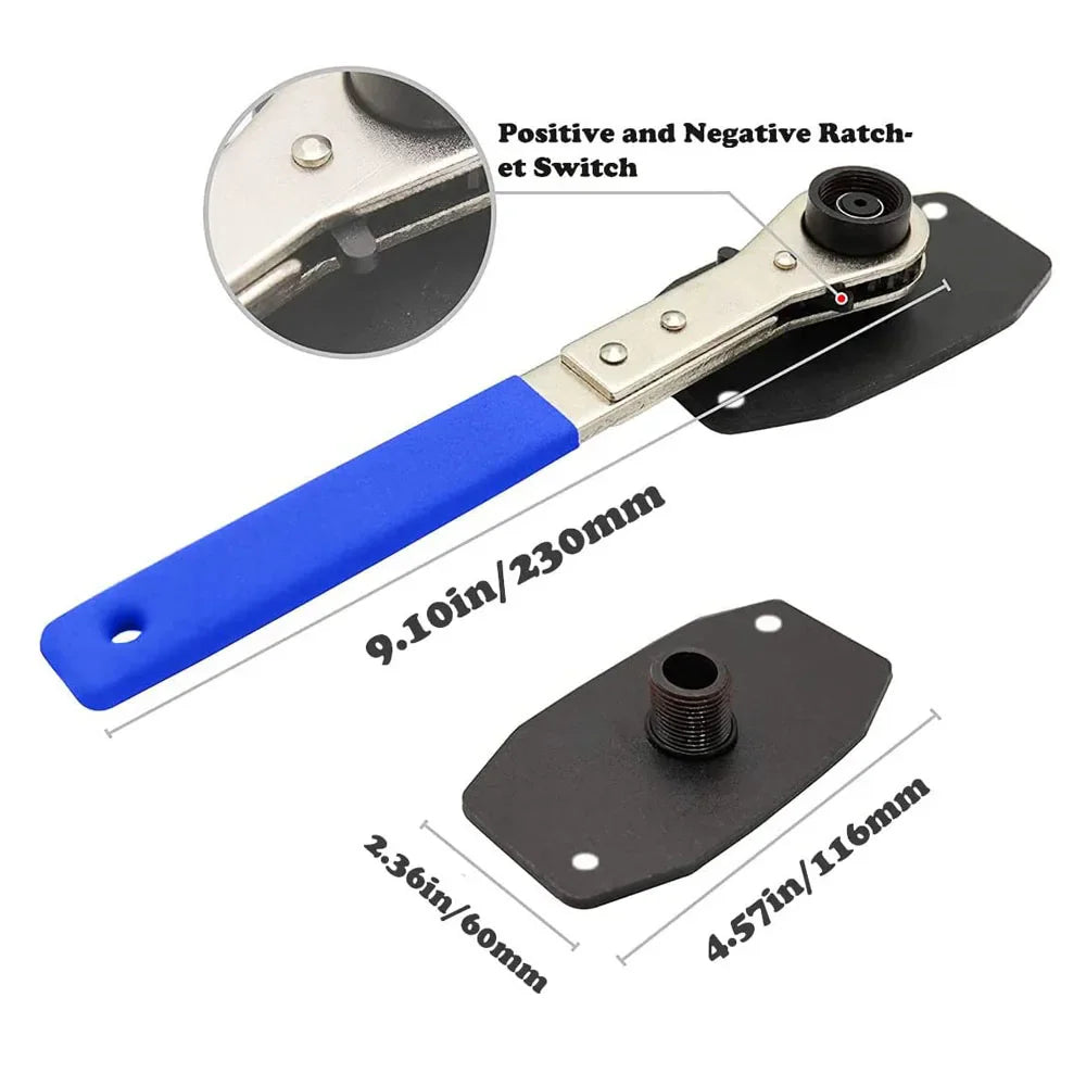 Dimensions of the ratcheting brake caliper tool with blue handle in inches and millimeters.