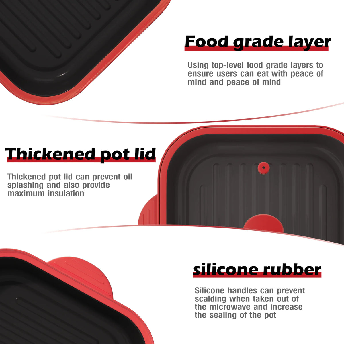 Close-up features of a red microwave grill pot highlighting food-grade material and lid