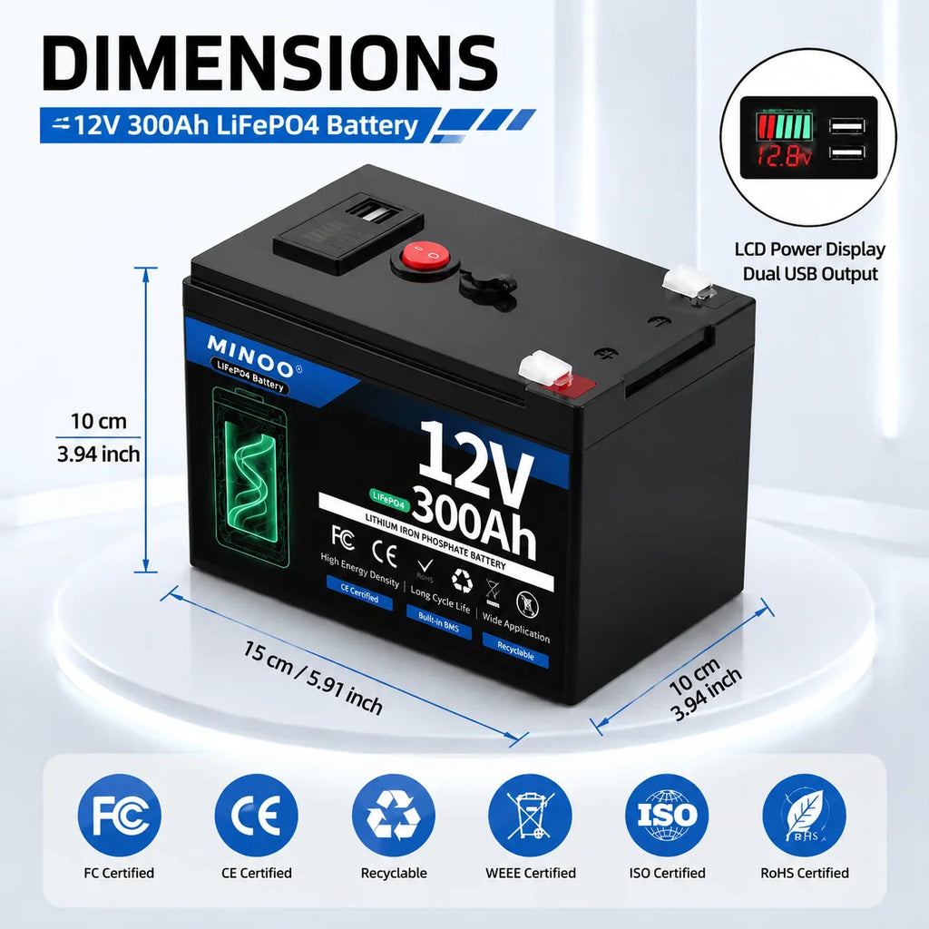 12V 300Ah LiFePO4 battery dimensions in centimeters and inches