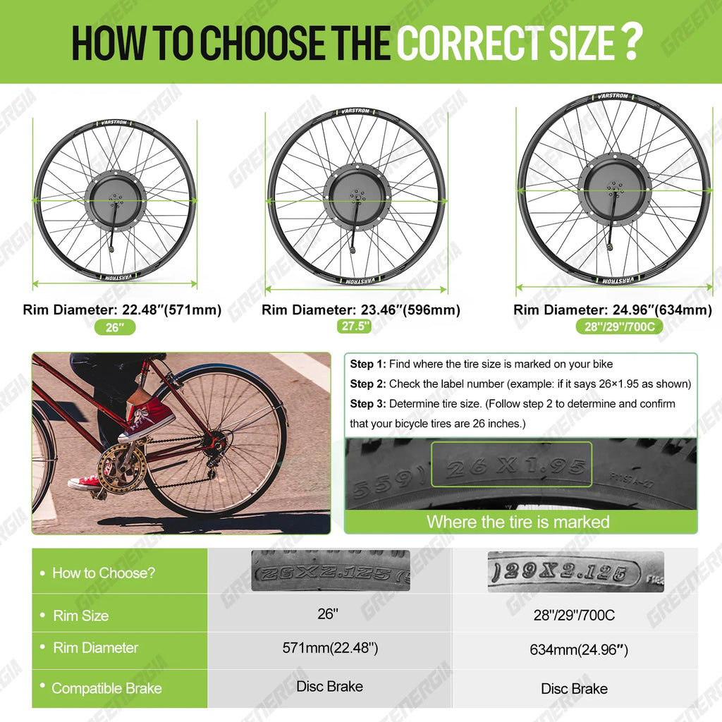 Size guide for electric bicycle conversion kit wheels and rim diameter information