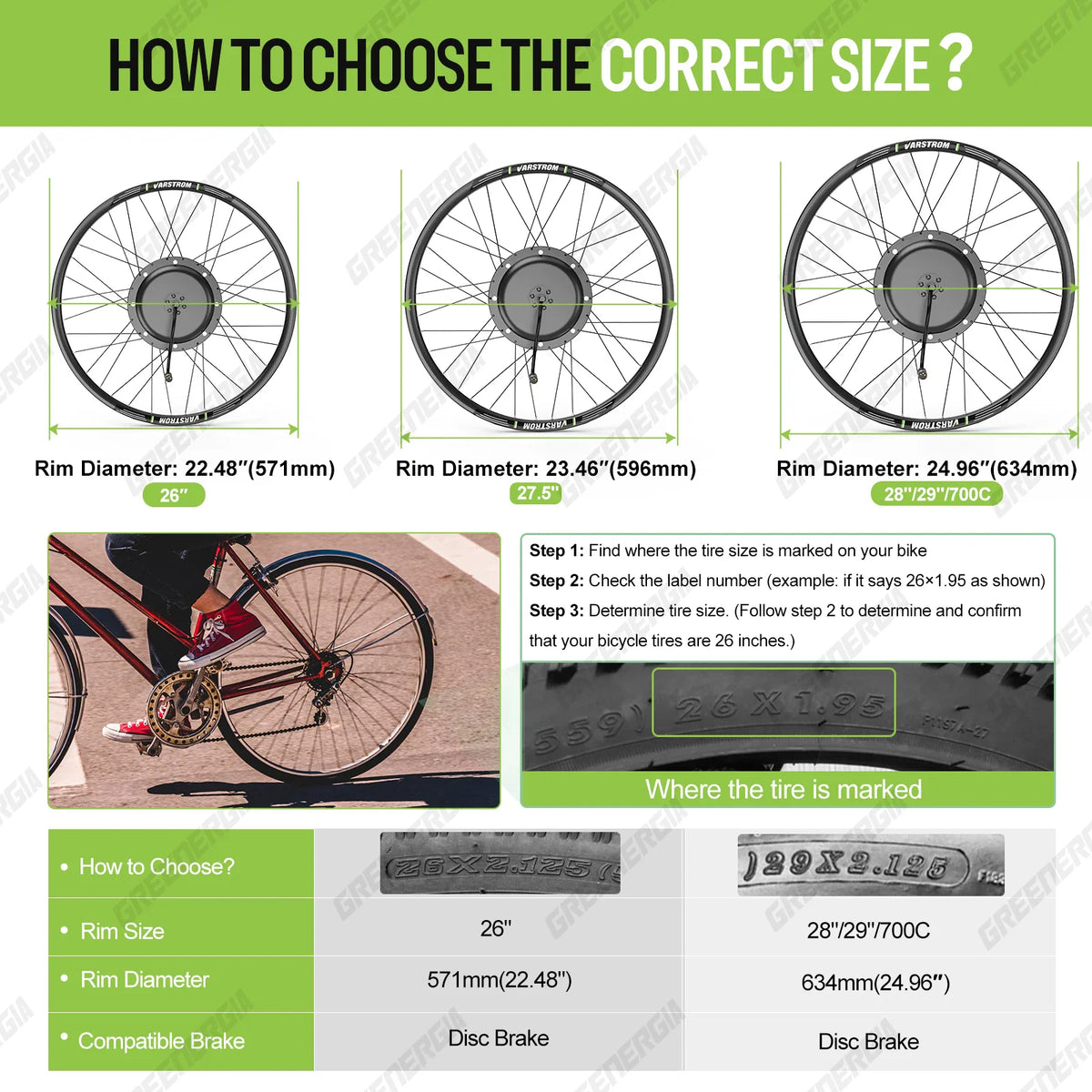 Size guide for electric bicycle conversion kit wheels and rim diameter information