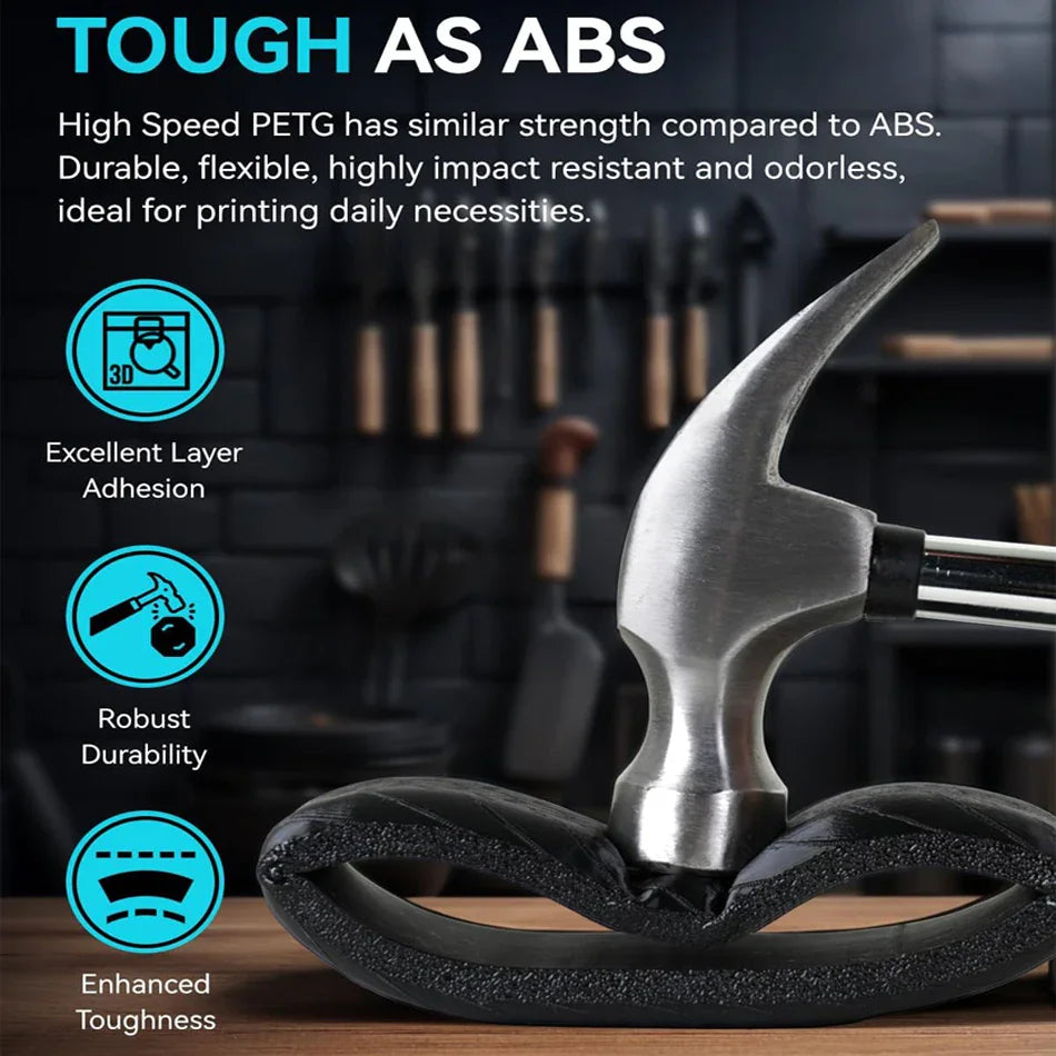 A metal hammer crushing a sample of black matte PETG filament to demonstrate material toughness and durability