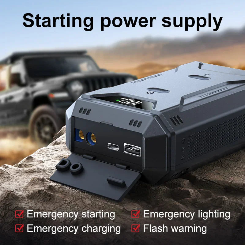 Portable car jump starter with digital display and jumper cable ports