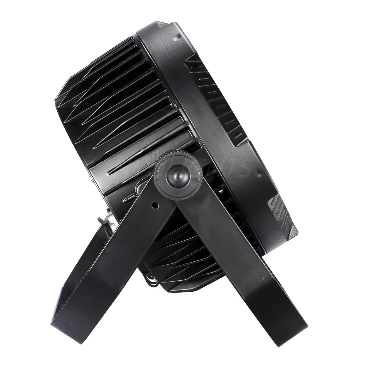 Side profile view of a professional outdoor black LED par stage light with mounting bracket