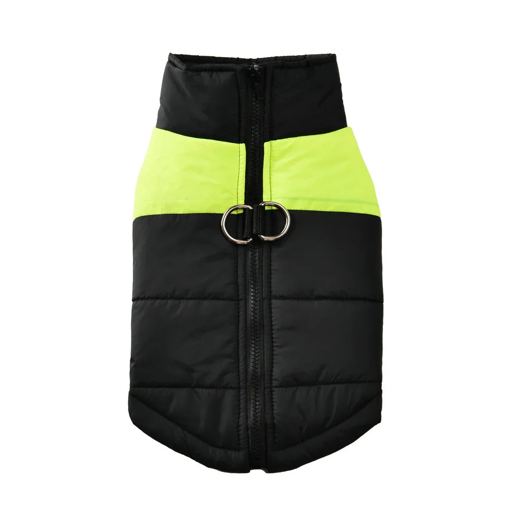 A black and neon yellow insulated dog vest with front zipper