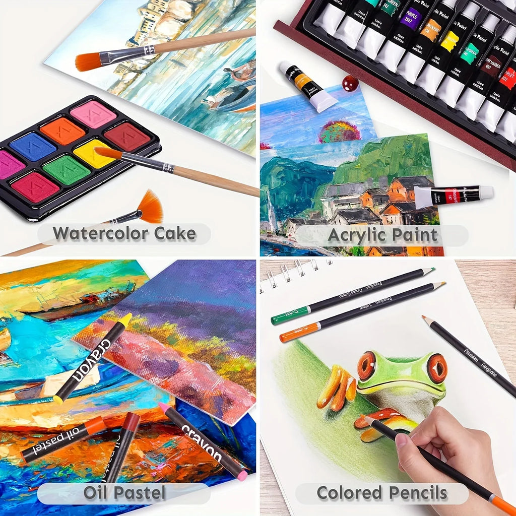 Various art supplies including watercolor cakes, acrylic paint, oil pastels, and colored pencils with example drawings.