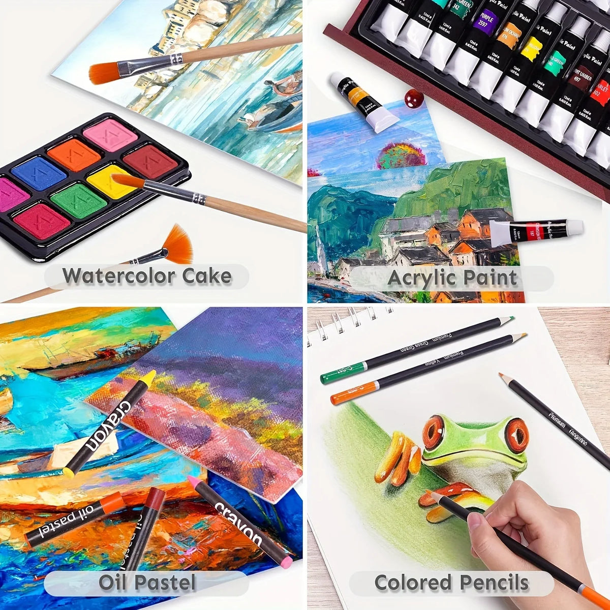 Various art supplies including watercolor cakes, acrylic paint, oil pastels, and colored pencils with example drawings.