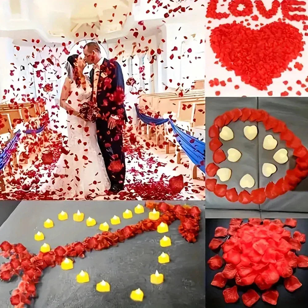 A collage showing various ways to decorate with artificial red rose petals for a wedding.