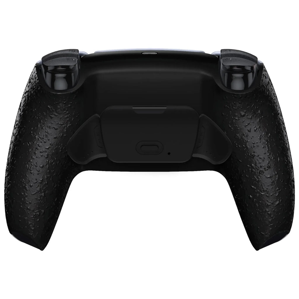 Rear view of a black textured game controller with added remappable back buttons