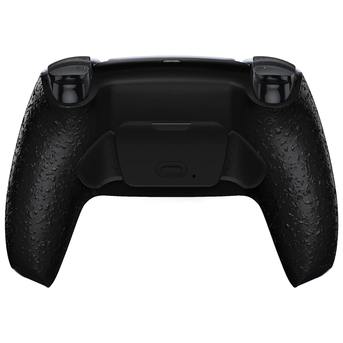 Rear view of a black textured game controller with added remappable back buttons