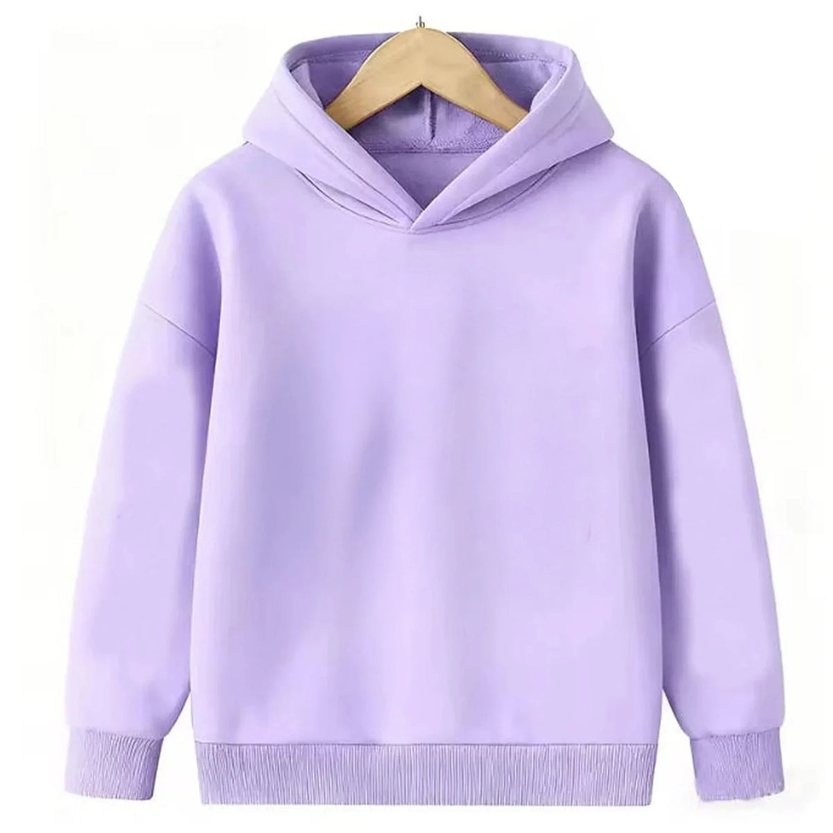 A plain light purple long-sleeve hooded sweatshirt for kids on a wooden hanger.