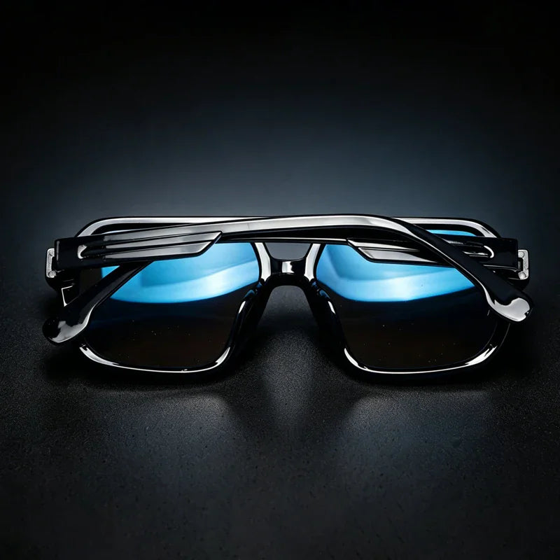 Folded black polarized sunglasses with blue reflective lenses