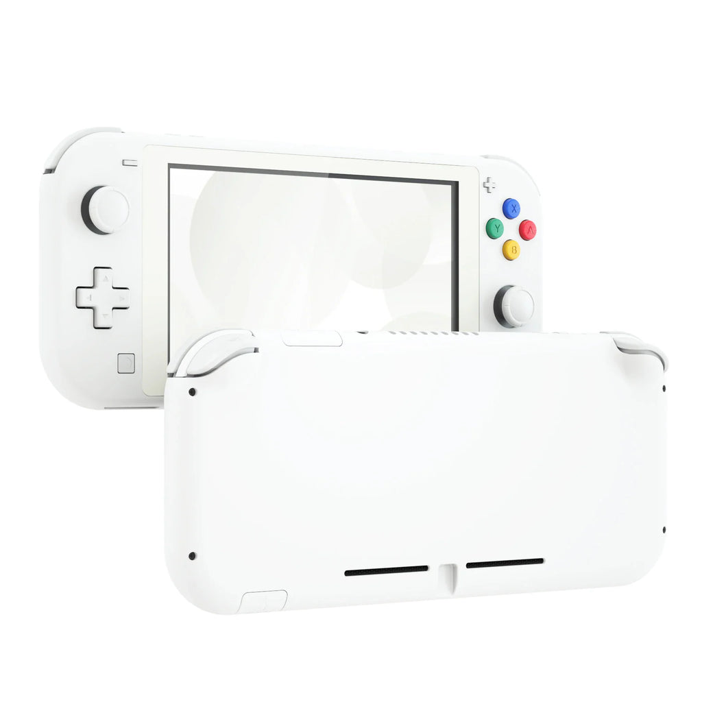 White replacement housing shell for handheld game console showing front and back views
