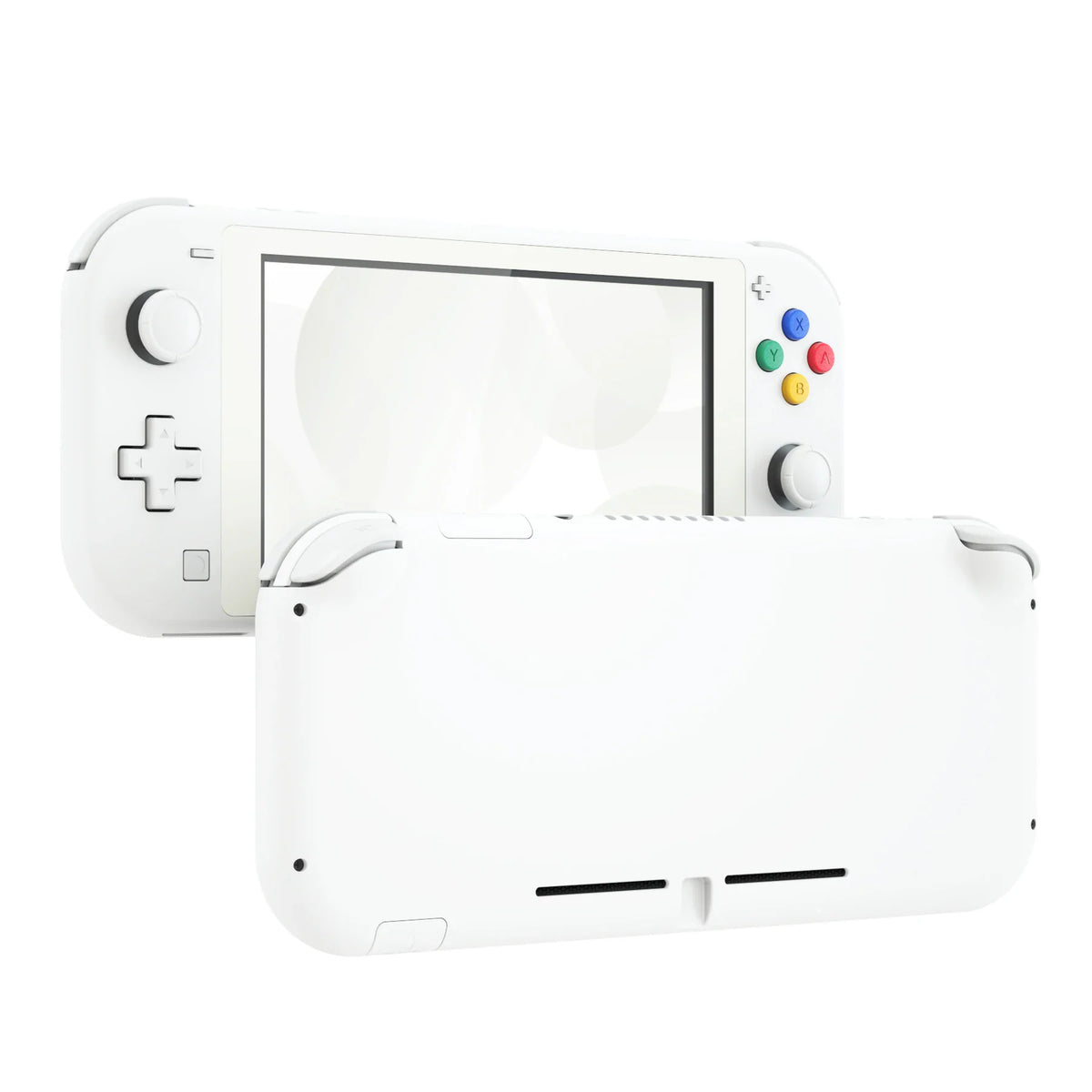 White replacement housing shell for handheld game console showing front and back views