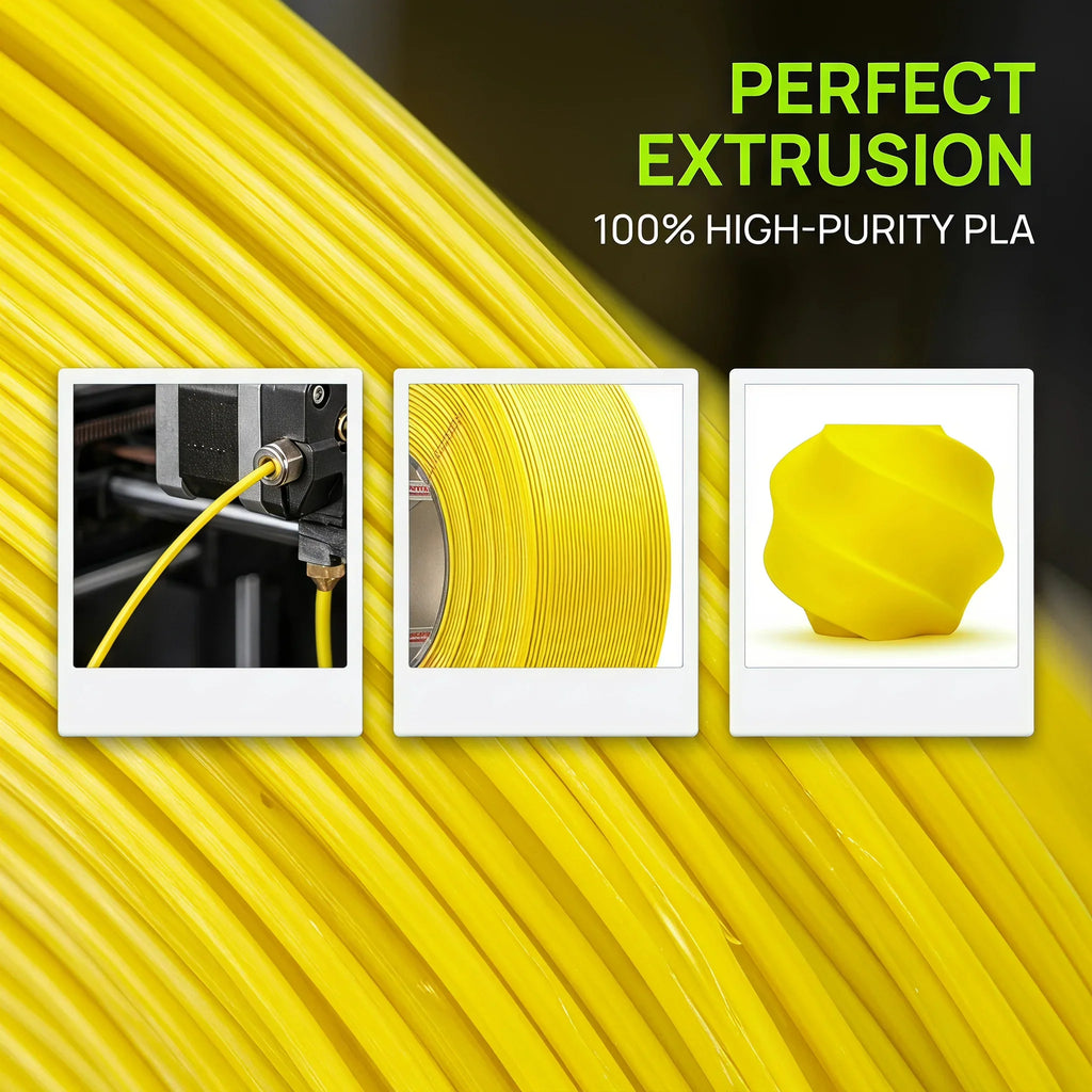 Yellow 3D printer filament spool with close-ups of extrusion, spooling, and printed object