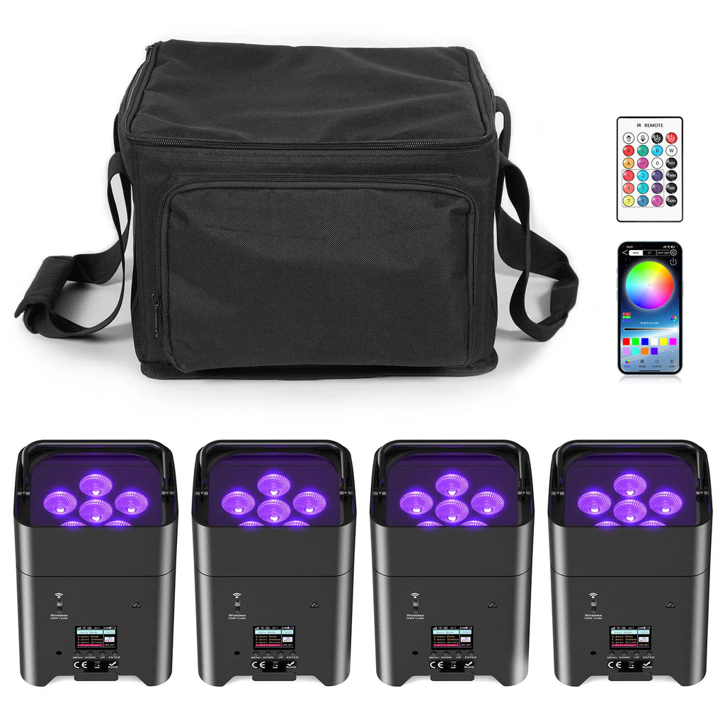 Set of four portable LED par lights for stage lighting with a carrying bag, remote control, and mobile app interface