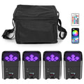 Set of four portable LED par lights for stage lighting with a carrying bag, remote control, and mobile app interface