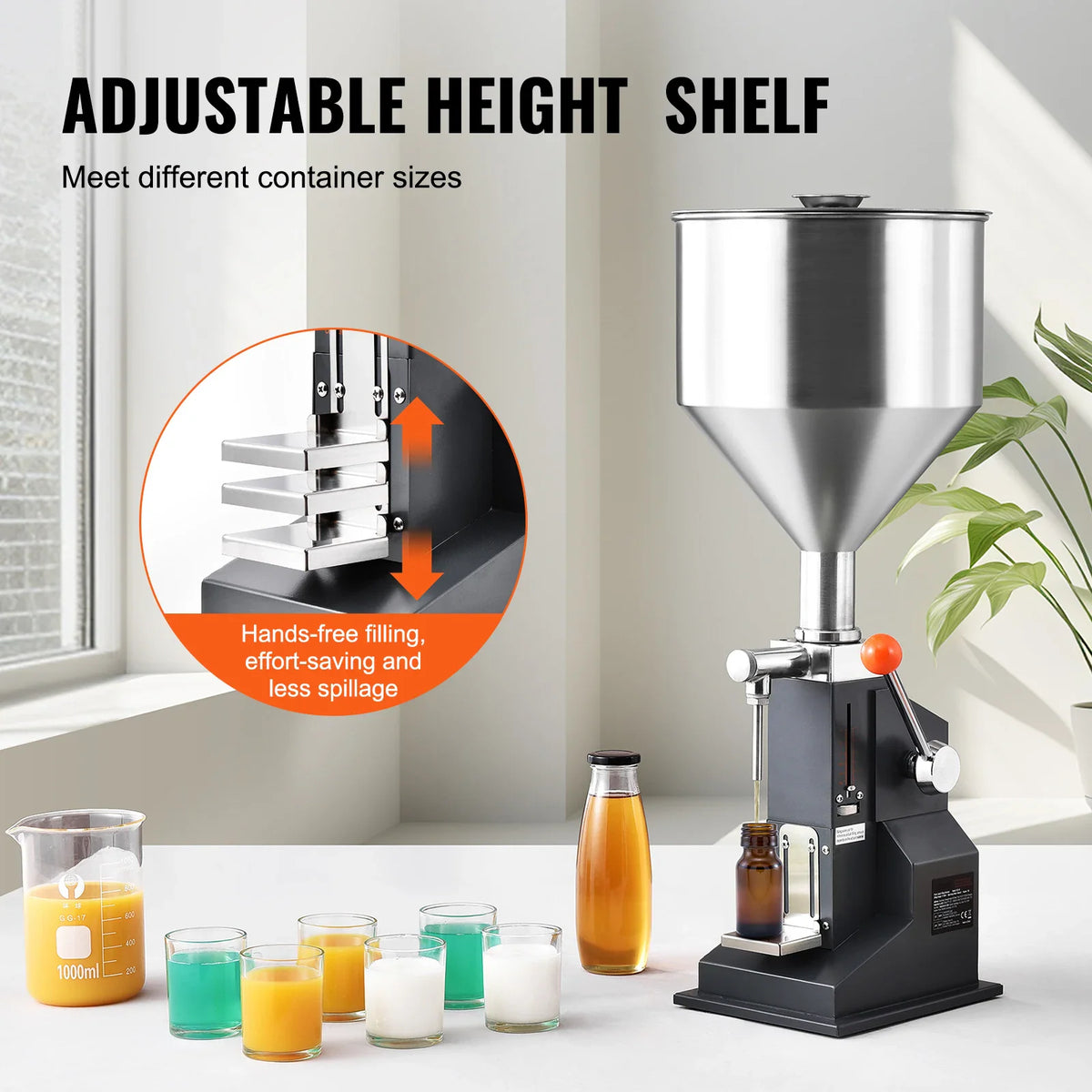 Manual liquid filling machine with adjustable shelf height for various container sizes