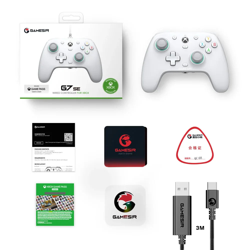 Gaming controller in its retail packaging with included accessories, cable, and manuals