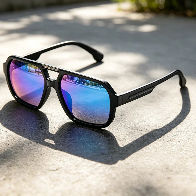 Polarized sunglasses with blue reflective lenses on a stone surface