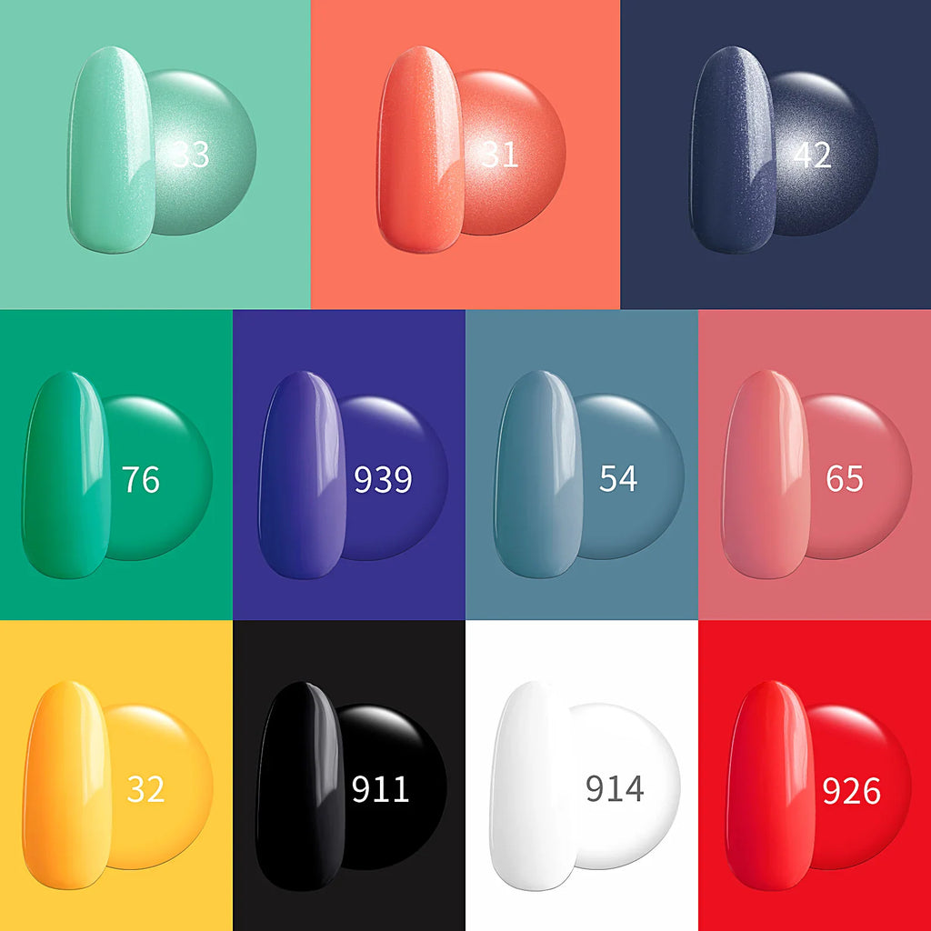 A grid showing various gel nail polish colors with corresponding numbered swatches