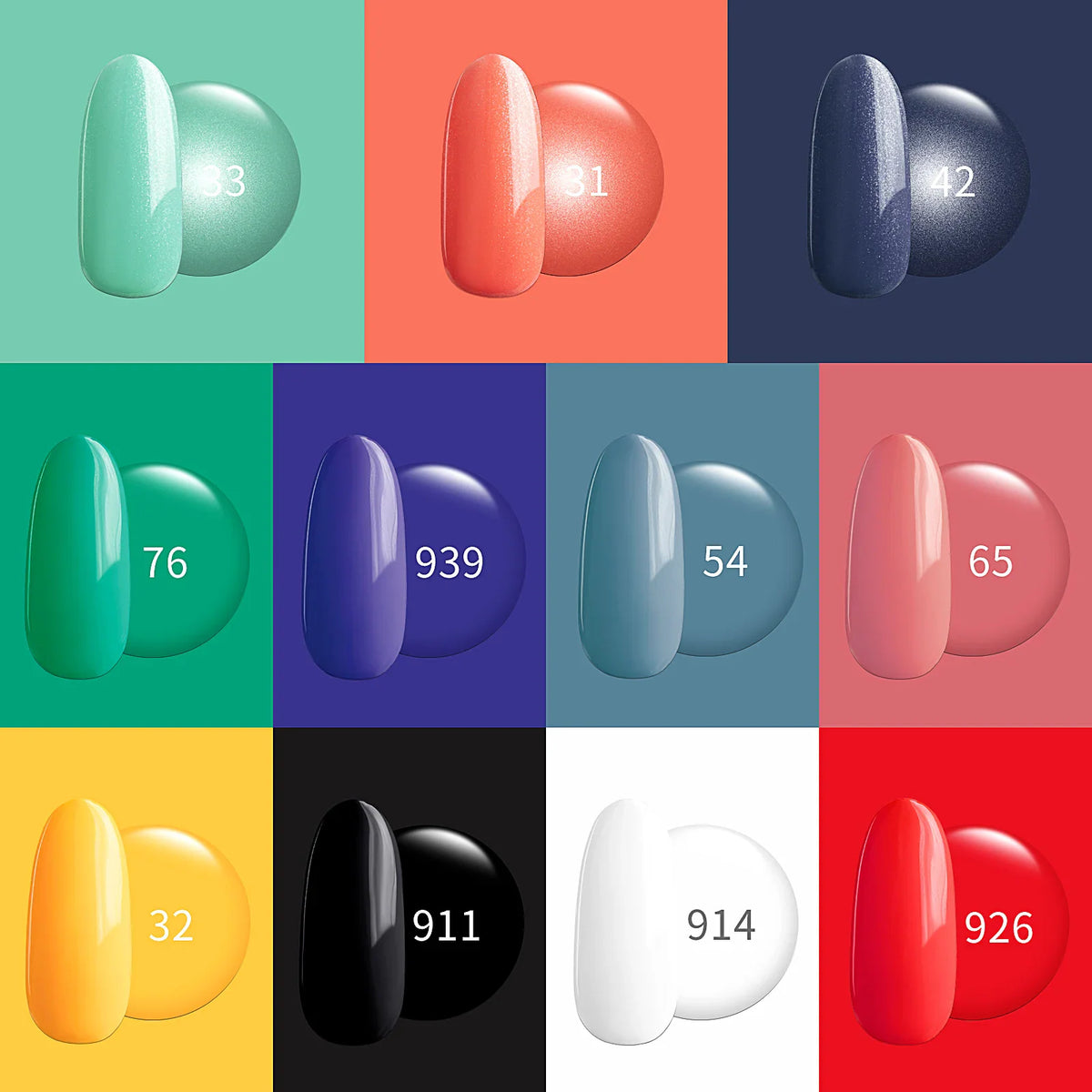 A grid showing various gel nail polish colors with corresponding numbered swatches