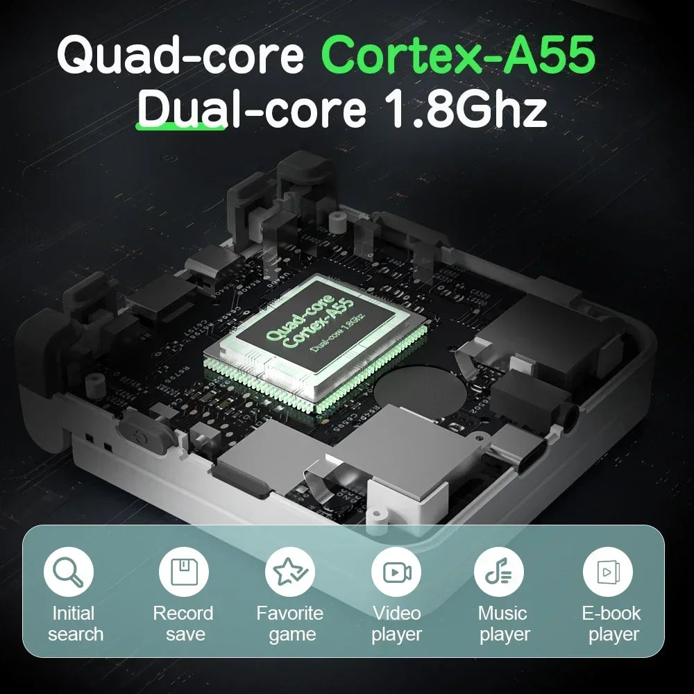 Internal view of a handheld game console showing the quad-core processor chip and menu icons