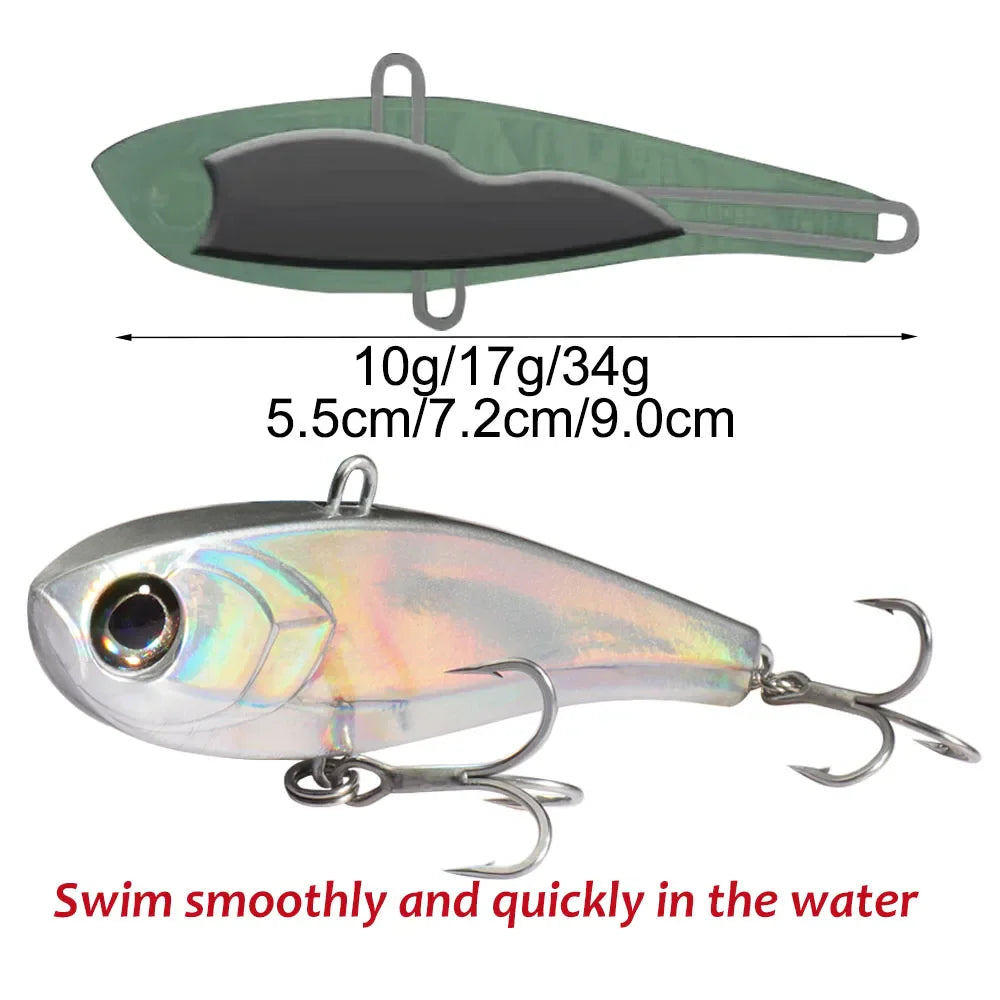 Metallic fishing lure with hooks showing weights and lengths