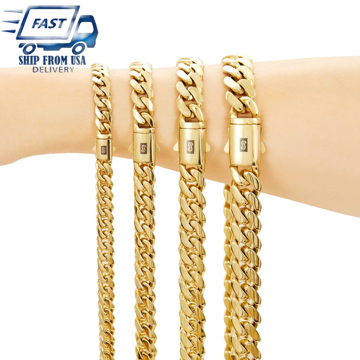 Four gold cuban link bracelets of varying widths displayed on a person's wrist