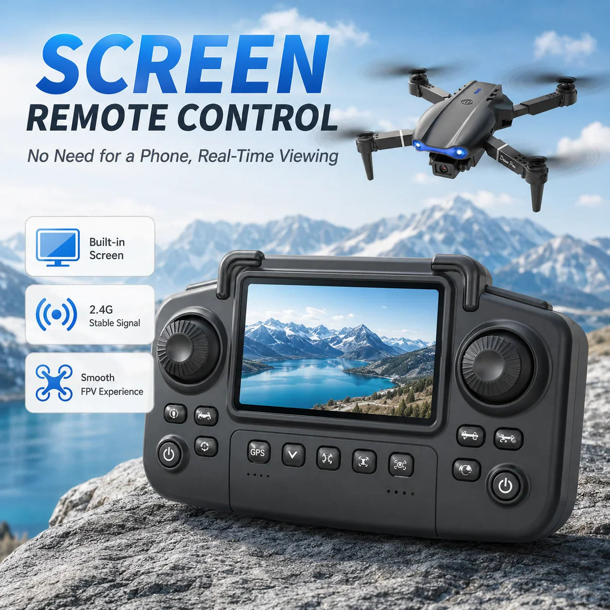 Black foldable drone and remote controller with built-in screen, mountain background.