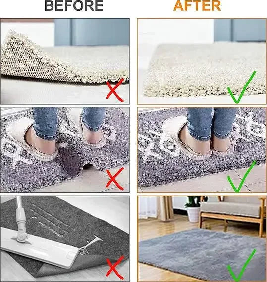 Comparison photos showing carpet corners before and after applying adhesive rug grippers to prevent curling
